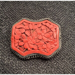 Unique Cinnabar Sterling Silver Chinese Brooch Dress Pin Red Carving Good Luck